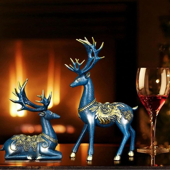 2 Pc Elk Deer Blue Holiday Decor Statues - Picture 6 of 12